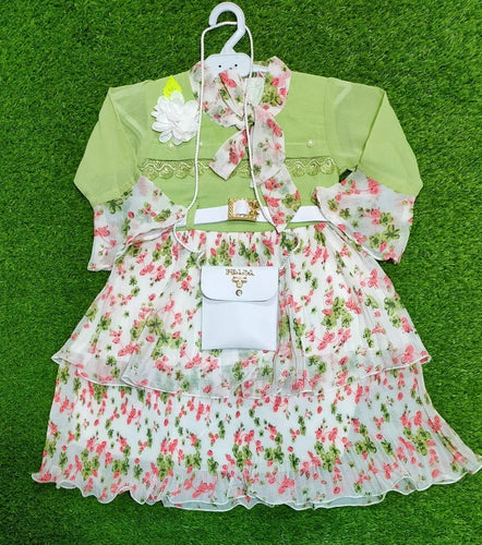 3 Pcs Girl's Chiffon Printed Frock And Trouser Set