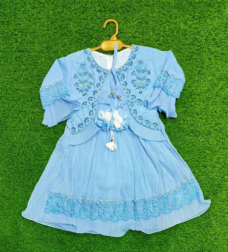 2 Pcs Girl's Chiffon Textured Frock And Trouser Set