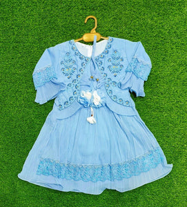 2 Pcs Girl's Chiffon Textured Frock And Trouser Set